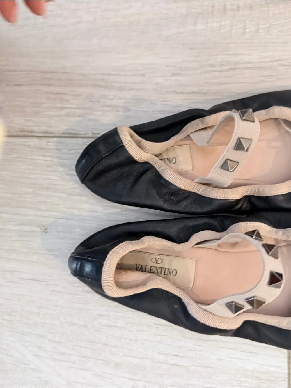 Valentino Black Ballet Flats with Beige Trim and Pyramid Stud Strap